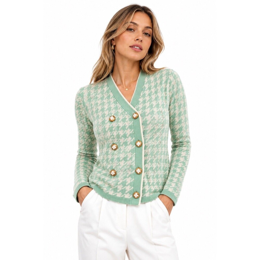 Vintage Ami Knits Mint Green Ivory Houndstooth Double Breasted Cardigan Size 4